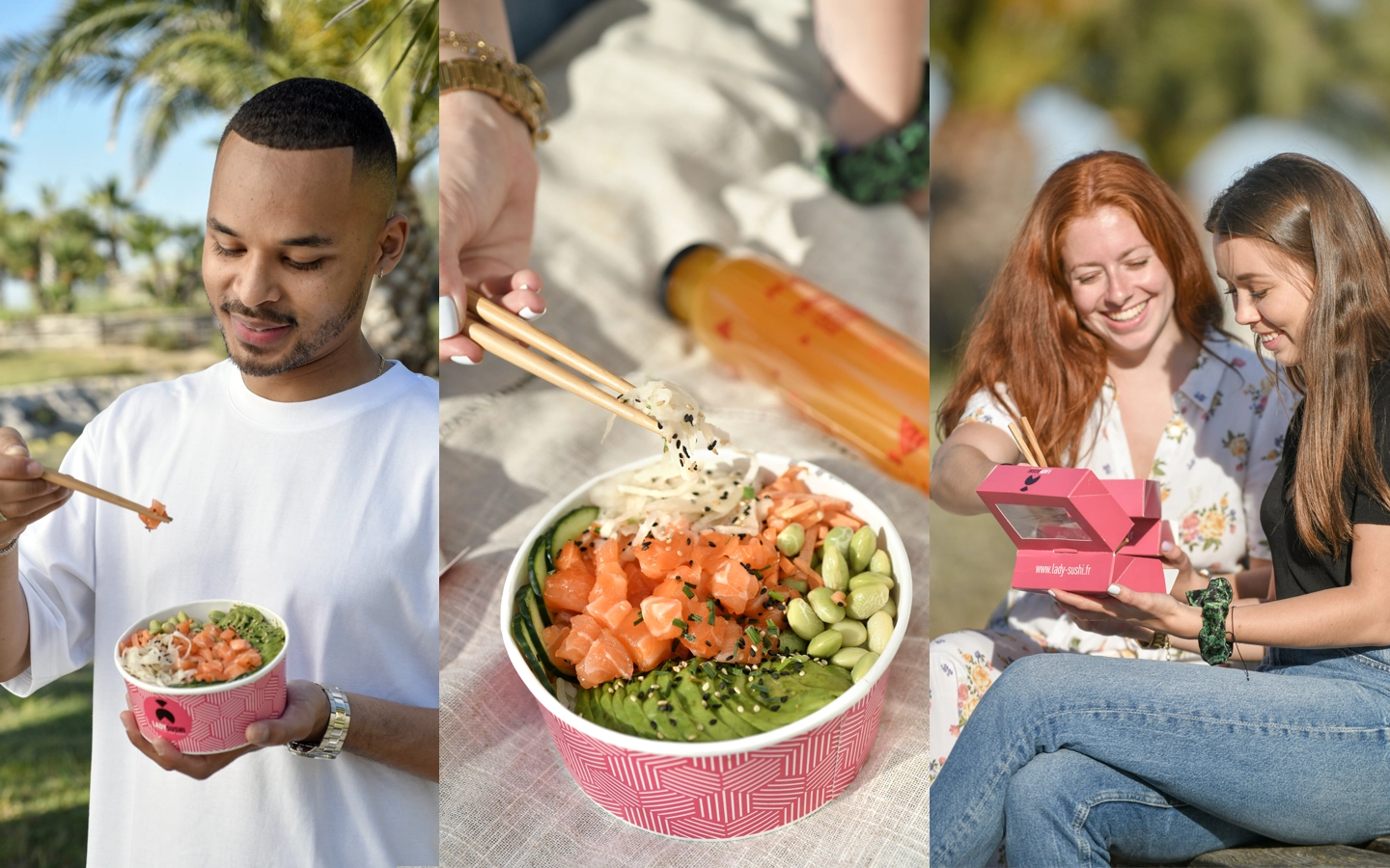 photo publicitaire pour la marque Lady Sushi dans le but d'illustrer leur carte été. Photos culinaire et mise en scène des produits, ambiance estivale d'amis en train de manger des sushis et des poke bowl dans un parc et sur la plage.